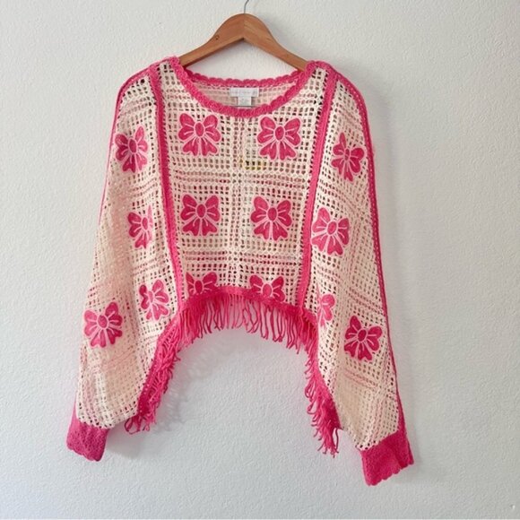 House of Harlow Knit Crochet Fringe Pink Bow Sweater OS NWT - Picture 1 of 6